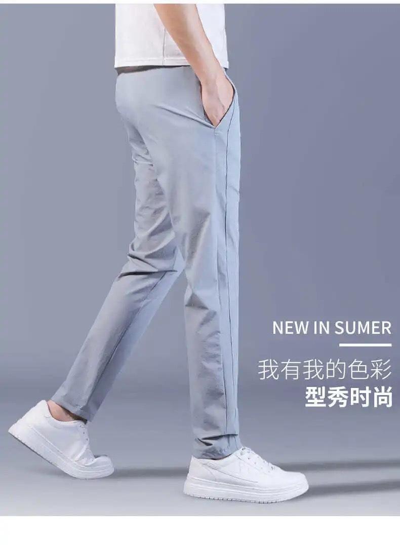 Product Introduction of Men's Ice Silk Pants Loose Breathable Straight Slim Casual Pants Summer Thin Long Pants Elastic Men's Sports Wholesale 3