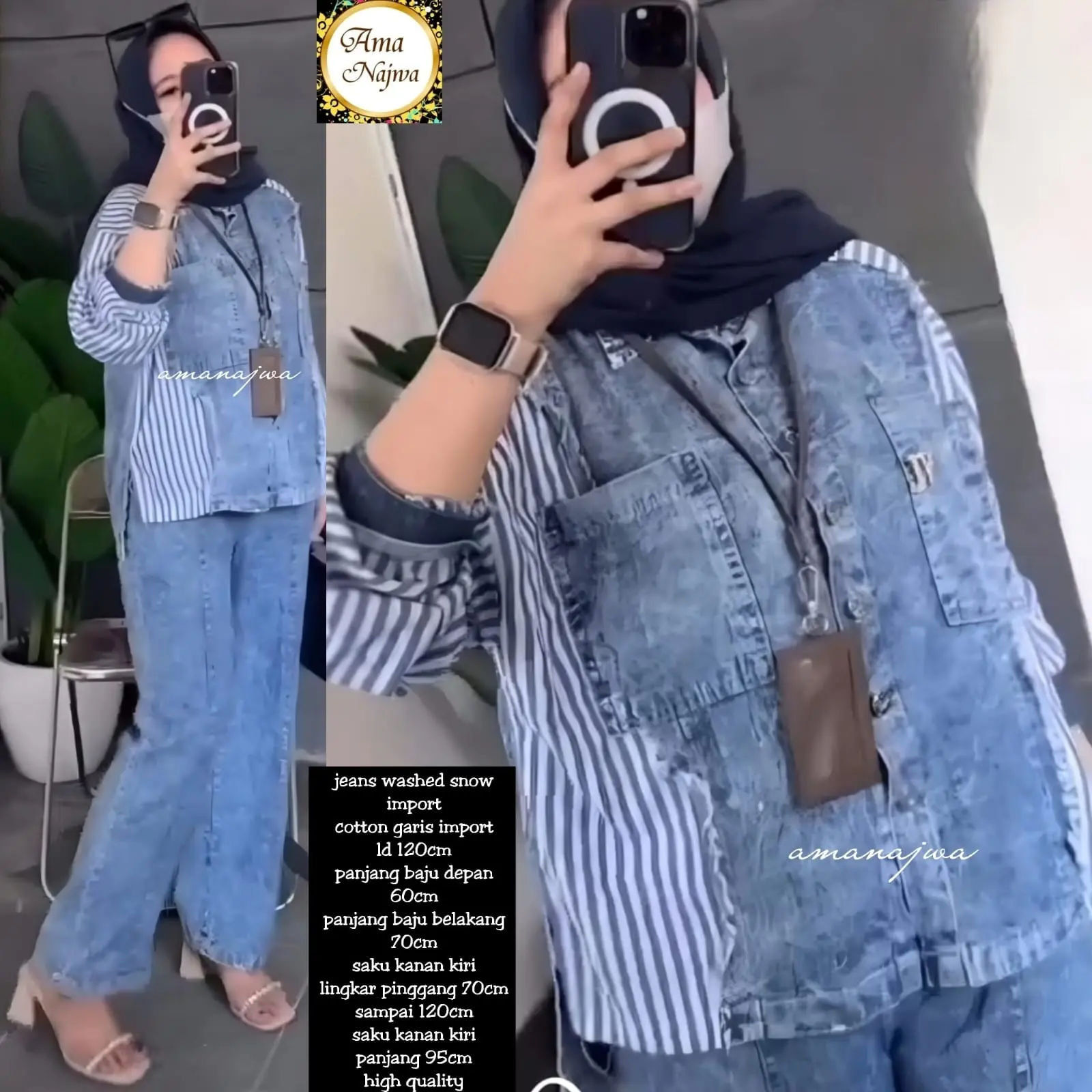 SETELAN WANITA JUMBO JEANS LD 120 XXL Atasan Celana Baju Kancing Garis Lembut Fit Karet Nyaman Panjang Crop Pendek Oversize