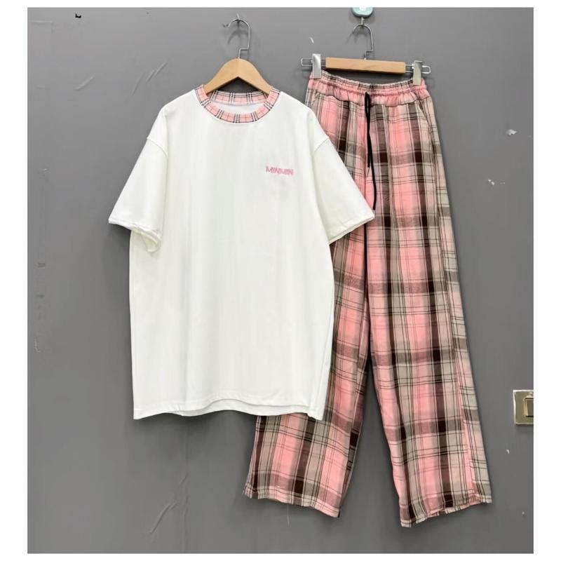 SET BỘ KẺ HỒNG In CHỮ MINMIN ĐEN TRẮNG PHONG CÁCH DỄ THƯƠNG Nữ Women Áo Voi Cotton Top 1