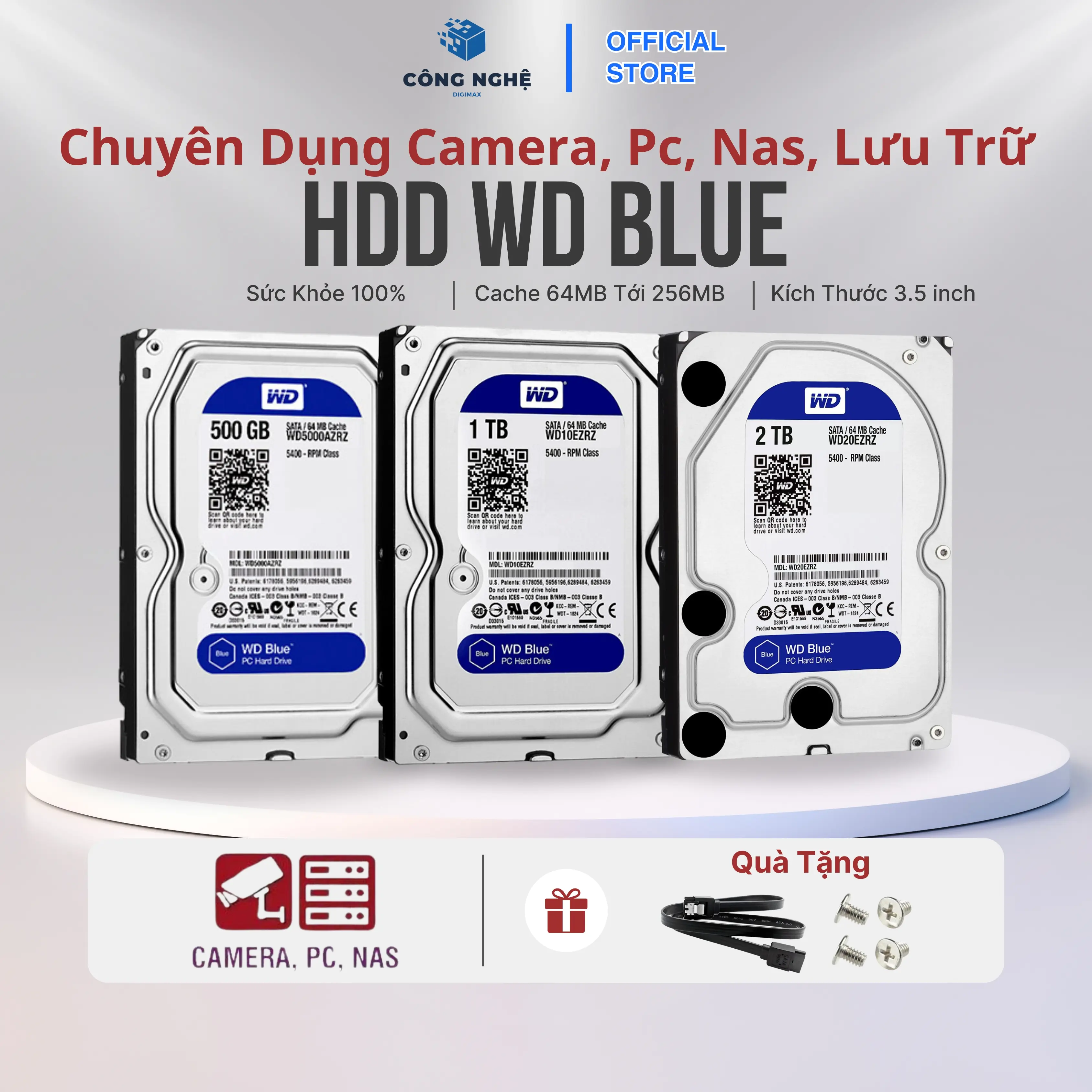 Ổ Cứng Zin Hàn Nhật WD Blue HDD 500GB | 1TB | 2TB | 3TB | 4TB | 6TB | 8TB Chuyên Dụng Cho Camera Giám Sát, Máy Tính - Tặng Ốc Vít Cáp Sata
