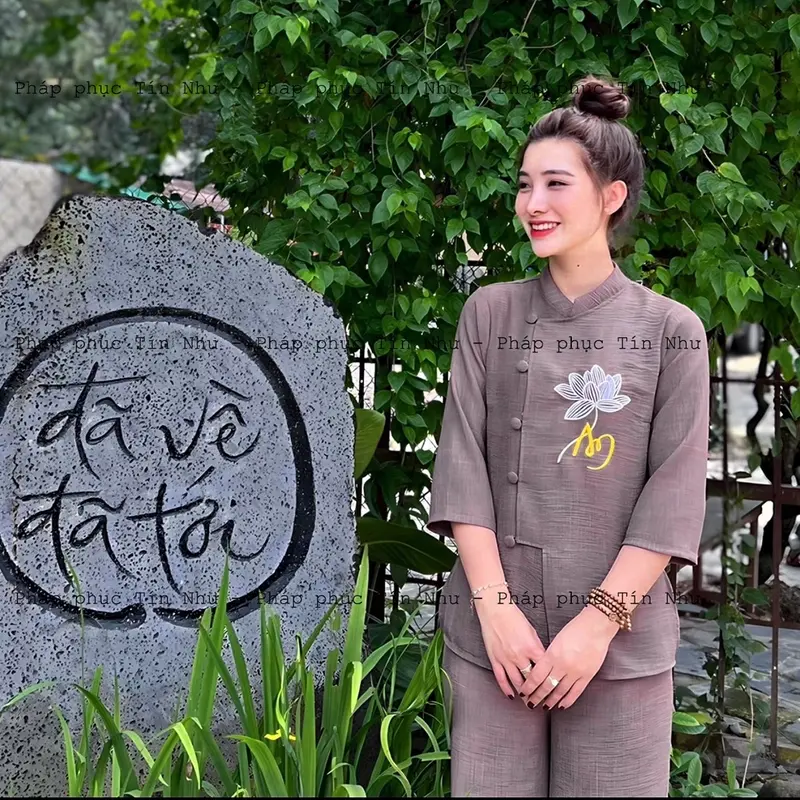 Set quần áo thiền vải đũi chất mát thêu hoa sen an nổi cao cấp Set bộ đi chùa Thương Hiệu Tín Như Chính Hãng (tặng chuỗi vòng tay đá hoặc gỗ) có bigsize 78kg 3