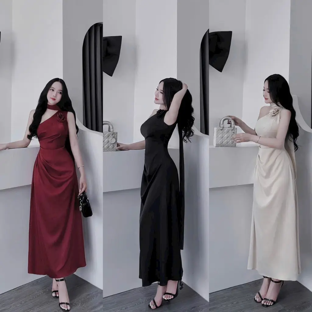 Đầm thiết kế chất tuyết nhung hở vai kèm đai cổ kiểu dáng sang trọng tôn dáng thích hợp đi tiệc