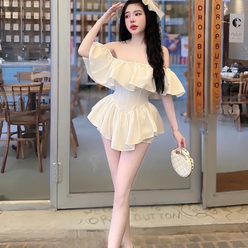 Set Áo Trễ Vai Bèo Xếp Eo Vạt Xoè + Quần Sooc bí Cotton Nữ