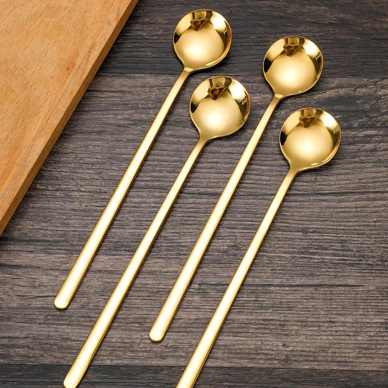 Stainless Steel Coffee Spoon, 4 Counts Long Handle Stirring Spoon, Household Round Spoon, Kitchen Utensils 3