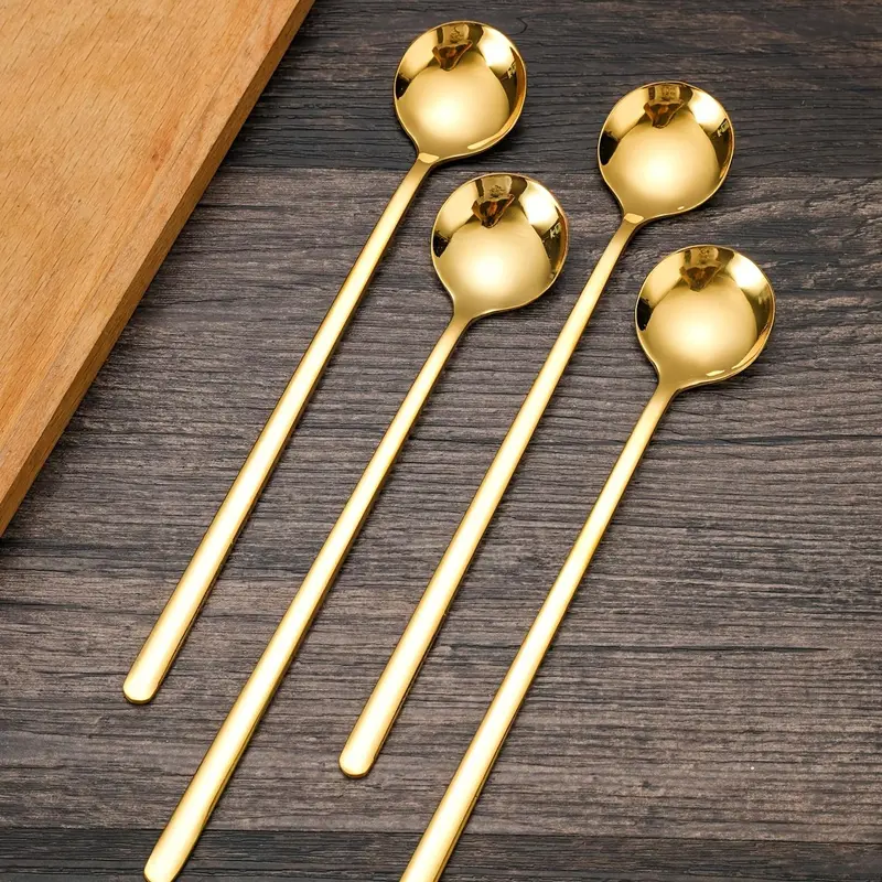 Stainless Steel Coffee Spoon, 4 Counts Long Handle Stirring Spoon, Household Round Spoon, Kitchen Utensils 3