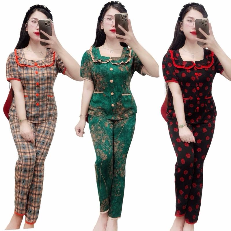 Đồ Bộ Nữ Mặc Nhà Tiểu Thư,  Áo Tay Ngắn Quần Dài, Chất vải lụa Mango Co Giãn Nhẹ Mặc Mát (Kem Cho Women pijama Tim)