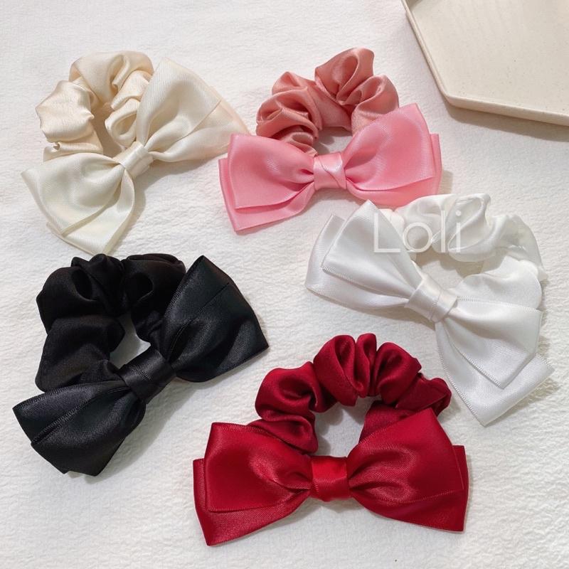 Cột tóc cao su đính nơ màu trơn đơn giản Loli