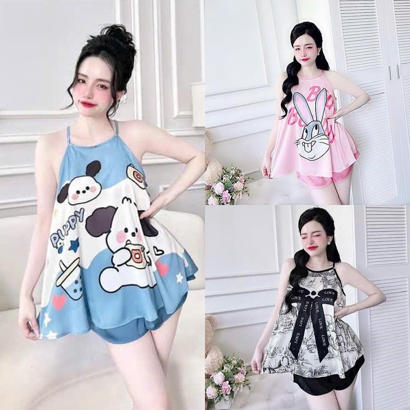 {Mẫu mới} Bộ yếm phi nữ in 3D hoạ tiết quần đùi freesize 40-56kg - Nho - Women Nhung Top Áo