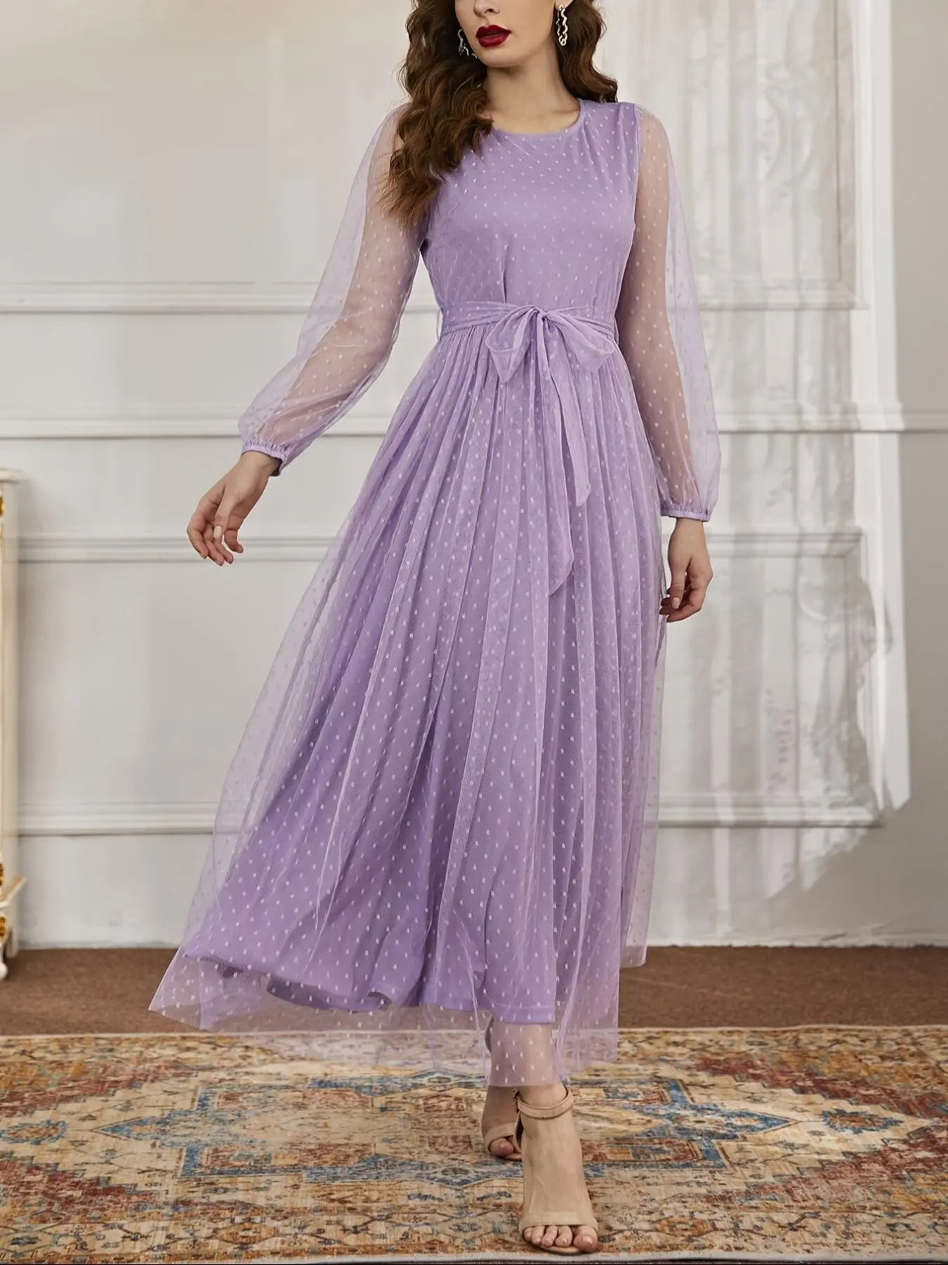 Women's Polka Dot Pattern Dress, Elegant Long Sleeve Dress for Party Holiday Wedding Guest, Ladies Clothes for All Seasons
