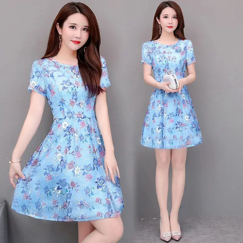 Váy Quần Áo Nữ, Ngoại Cỡ, Trang Phục Mùa Hè, ngắn Tay, Cổ Tròn, Váy Hoa, Ôm Sát Eo, Váy Trông Trẻ Trung, Váy Cho Mẹ 1