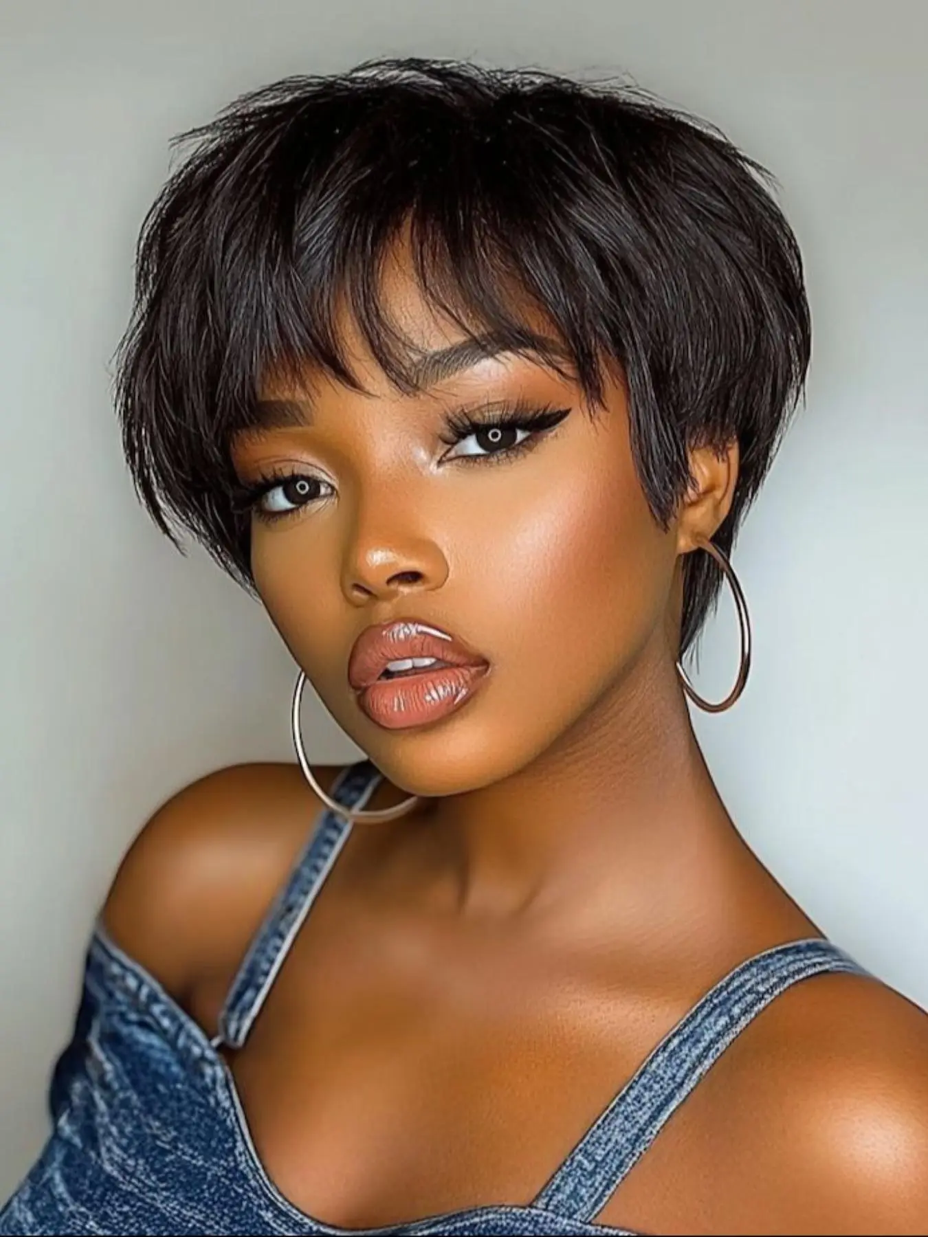 100% Human Hair Straight Pixie Short Hair Wig, Daily Use Wig Suitable for Beginners, Natural Black 1B