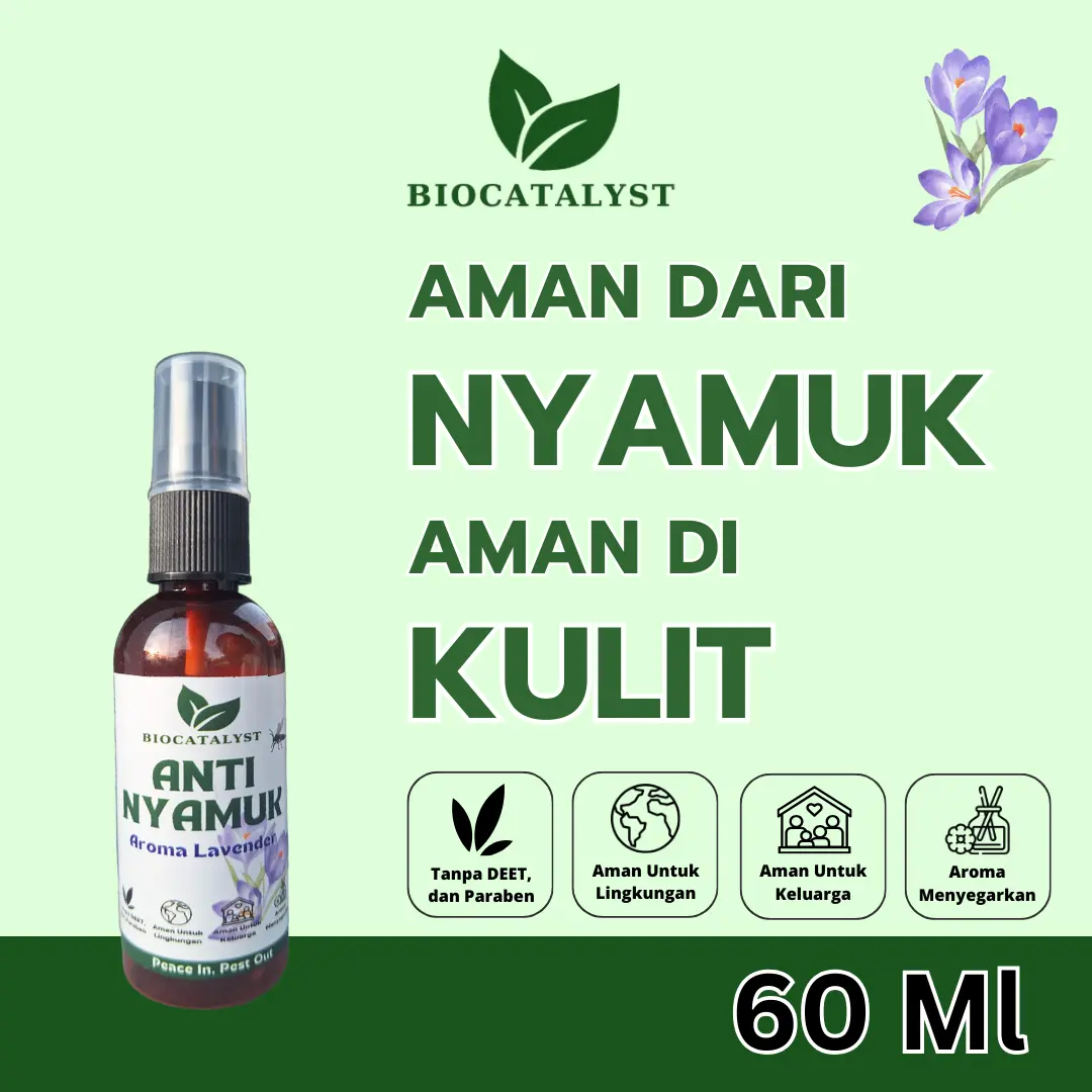 Biocatalyst Natural Mosquito Repellent Spray | Semprotan Anti Nyamuk Organik Aroma Lavender 60 ML | Tanpa DEET | Anti Nyamuk untuk Bayi / Anak