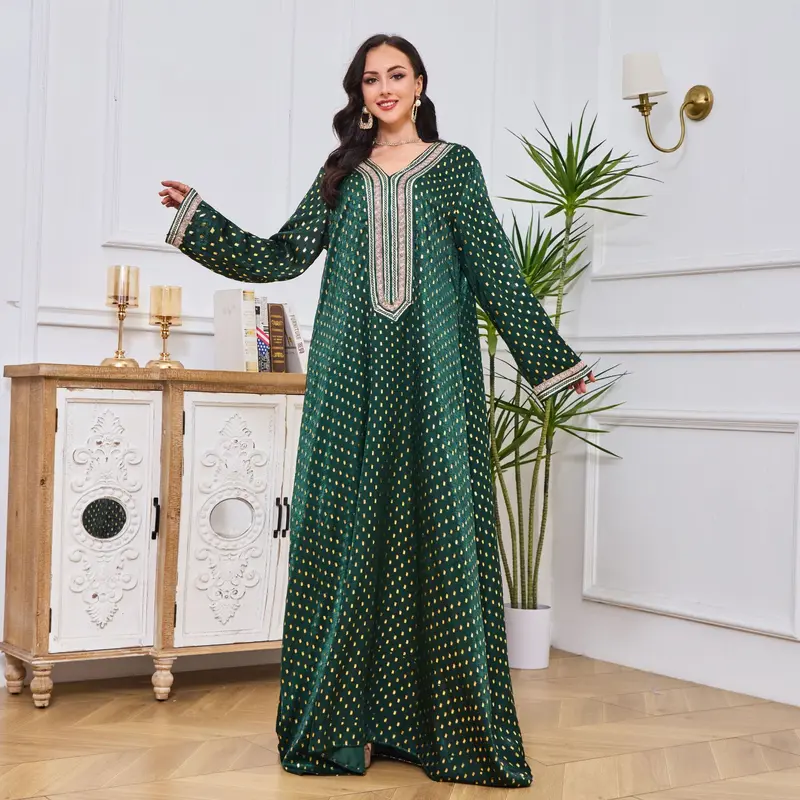 2025 Middle East Women's New V-neck Abaya Robe Muslim Large Swing Long Dress Bronzing Dress 1