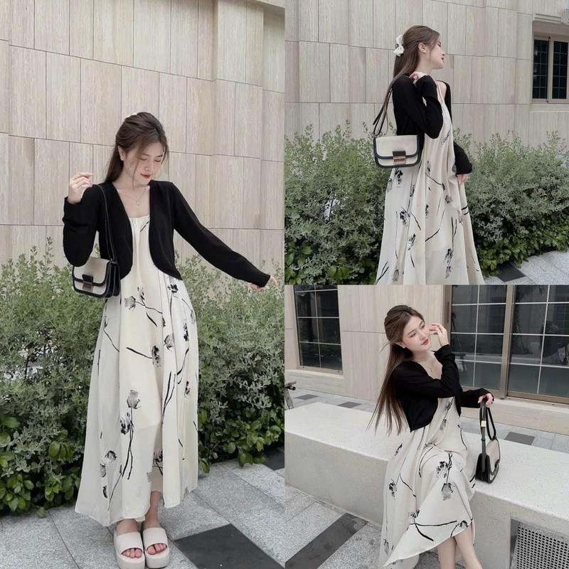 Set váy bầu 2 chi tiết đến 95kg (váy 2 dây lụa suông+ cadigan thun tăm loại 1) Đầm Bầu