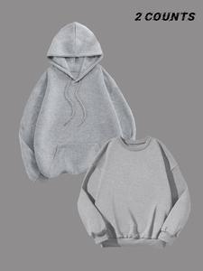 Women's Plain Drop Shoulder Drawstring Hoodie & Sweatshirt, Basic Casual Pocket Hooded Sweatshirt & Round Neck Pullover for Daily Holiday Outdoor Wear, Women Clothing for Fall & Winter