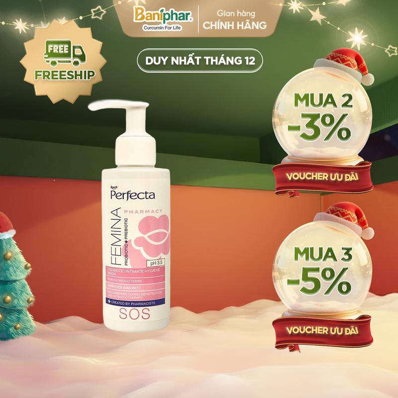  Dung Dịch Vệ Sinh Phụ Nữ Perfecta Femina SOS Probiotic Intimate Hygiene Wash Giúp Làm Sạch Hỗ Trợ Khử Mùi Hôi Cân Bằng pH Tự Nhiên Dưỡng Ẩm Sâu Đem Lại Cảm Giác Thoải Mái Hỗ Trợ Tình Trạng Kích Ứng Mẩn Đỏ 150ml 
