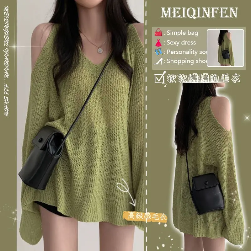 Sweet hot girl off-shoulder V-neck long sleeve thin sweater Women's Spring and Autumn new small machine sweater loose top fashion Knitwear Womenswear Lingerie Knitting
