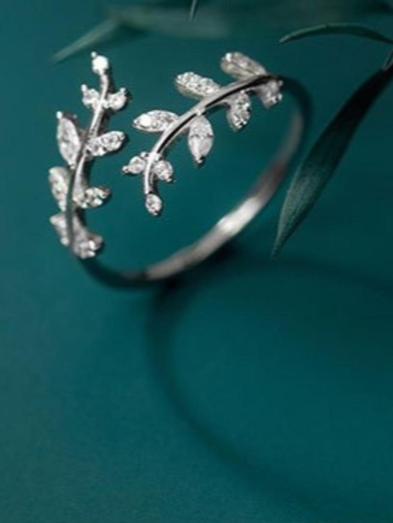 Product Introduction of 925 Sterling Silver Women's Elegant Fashion Leaf Design Cuff Ring, Fashion Rhinestone Decor Jewelry for Party, Daily Decor, Trendy All-match & Exquisite Jewelry for Birthday Gift 3