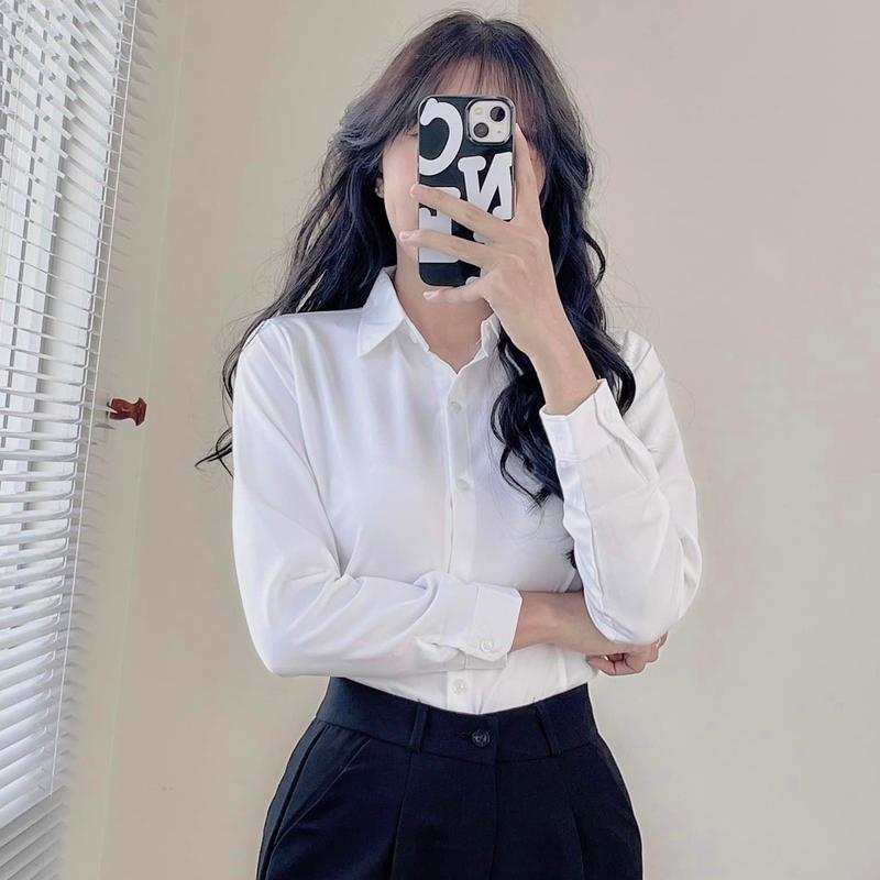 Áo Sơ Mi Trắng Tay Dài Dáng Xuông Cơ Bản Phổ Thông Kirasfashion Nữ