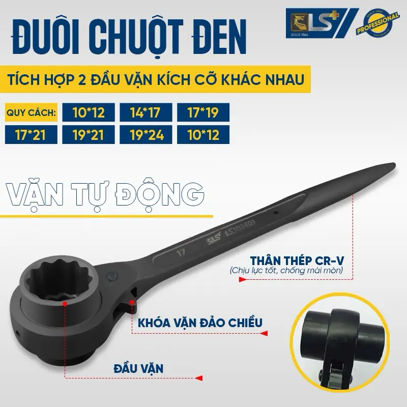 Cờ lê tự động tích hợp 2 đầu đuôi chuột đen