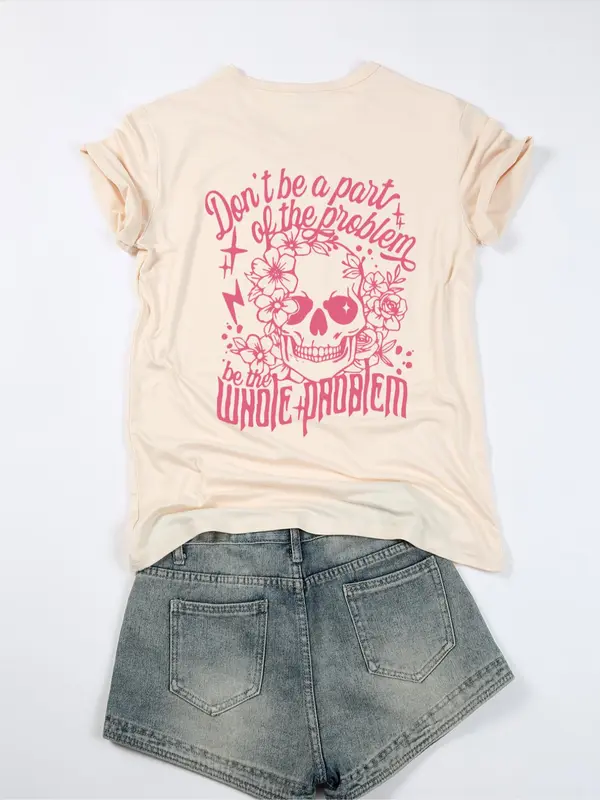 Women's Floral & Skull Print Round Neck Oversize Tee, Fashion Casual Letter Graphic Crewneck T-shirt for Daily Holiday Vacation Outdoor Wear, Ladies Clothes for Summer, Tshirt,top 6