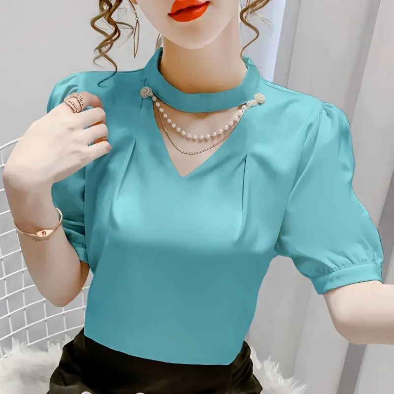 Áo Sơ Mi Voan, Ngắn Tay, Dành Cho Phụ Nữ, Dáng Rộng Vừa Vặn, Cổ Yếm Dây Chuyền Ngọc Trai, Màu Trơn Phong Cách Phương Tây Mới, Áo Ngoại Cỡ, Thích Hợp Cho Mùa Hè 1