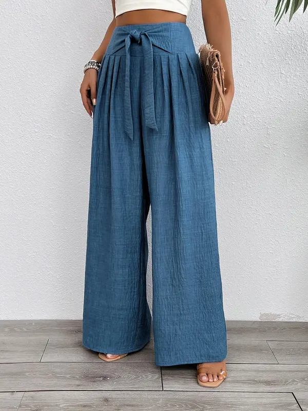 Women's Solid Color Tie Waist Wide Leg Trousers, Casual Fashion Elastic Waist Trousers for Daily Wear, Ladies Bottoms for All Seasons 0