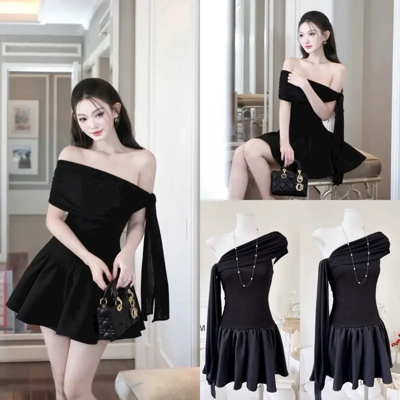 ( Sam’s Clothing ) Set đầm nữ đen lệch vai thắt nơ phối xoè dáng ngắn + Quần short