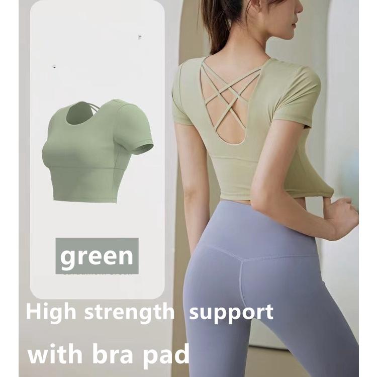 Maglietta sportiva da yoga semplice ad asciugatura rapida, ad alta resistenza, a maniche corte, con supporto, da corsa_voghion.com