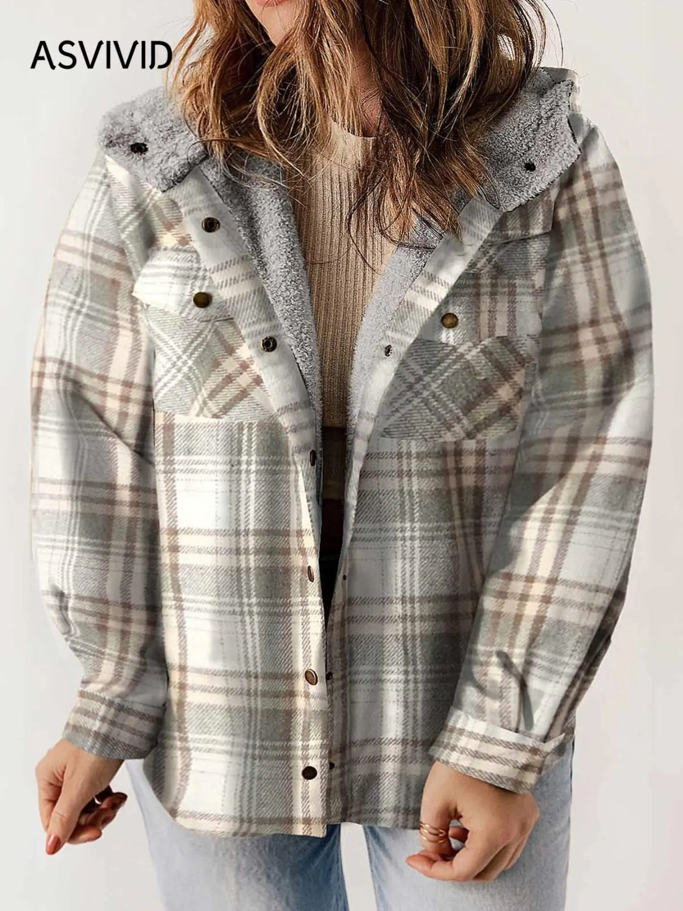 【Palette Collection】 Plus Size Plaid Print Button Front Drop Shoulder Fuzzy Hooded Coat, Casual Long Sleeve Pocket Outerwear for Fall & Winter, Women's Clothes for Daily Wear