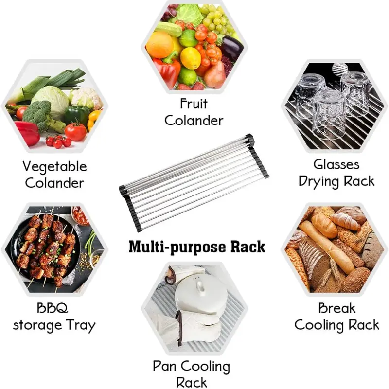 Rak Cuci Piring Lipat Stainless Foldable Kitchen Sink Drain Rack Multifungsi Anti Karat Penyimpanan 3