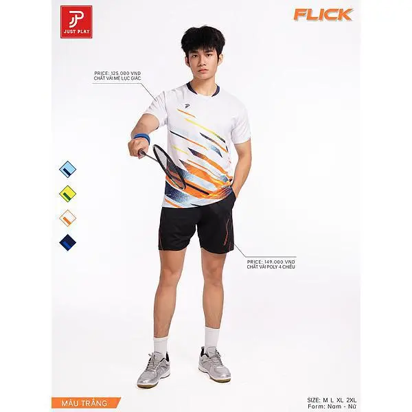 Bộ quần áo cầu lông Justplay Flick chất vải thun mè kim cương xịn, thoáng khí, hoạ tiết tinh tế nổi bật