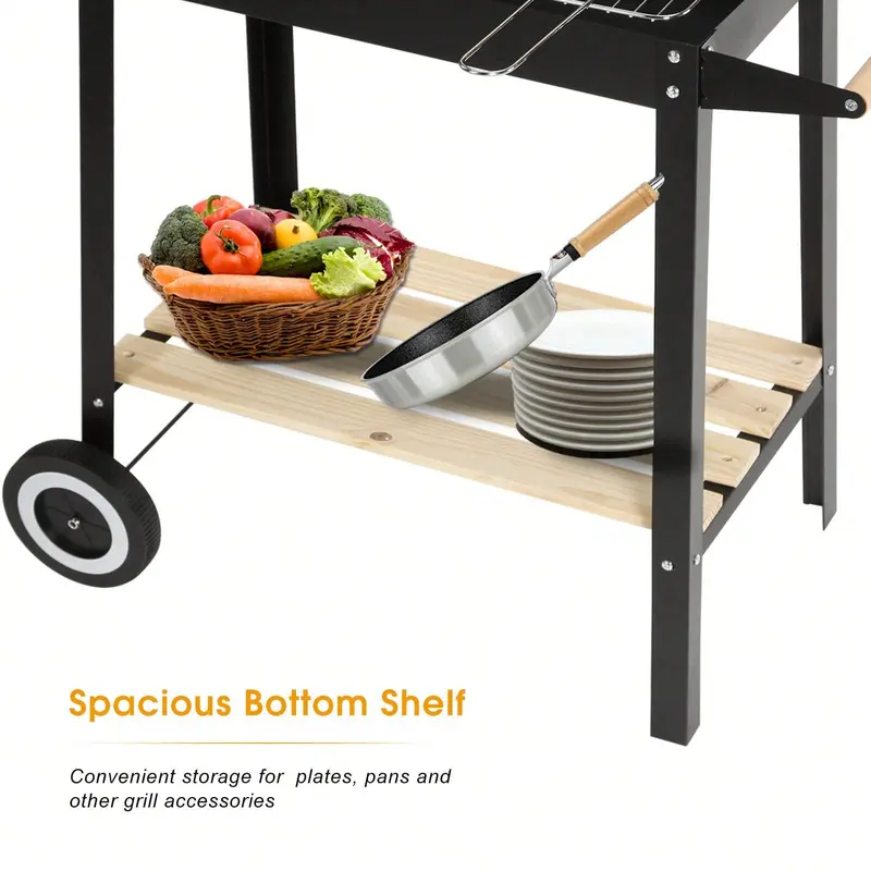 Palakjot KAUR Charcoal BBQ Barbecue Grill Steel Rectangular Trolley For Outdoor Patio Garden W/Wheels & Shelves 4