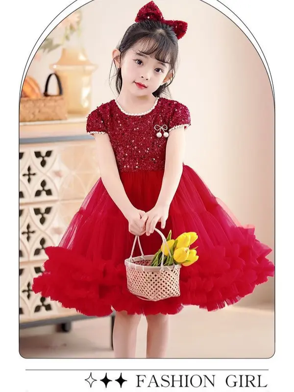 [KIDSFASHIONKOLEKSI] 1046 Dress Pesta Anak Perempuan Payet Pin Cherry Brenda Princess Free Pita 0
