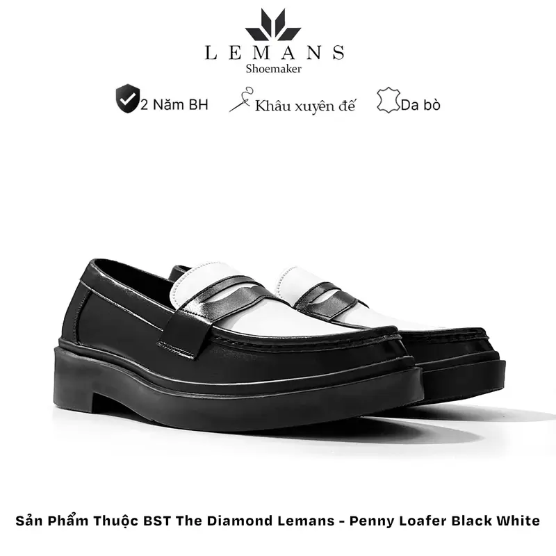 Giày da bò Penny Loafer da bò Trắng đen LEMANS, đế tăng chiều cao 4cm cho nam, giày lười nam, giầy da, bảo hành 24 tháng Cao Su Shoes 0