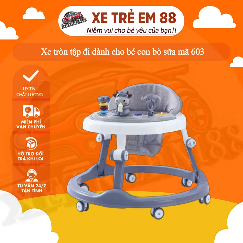 Xe tròn tập đi dành cho bé con bò sữa mã 603 ghế  lắc lư 0