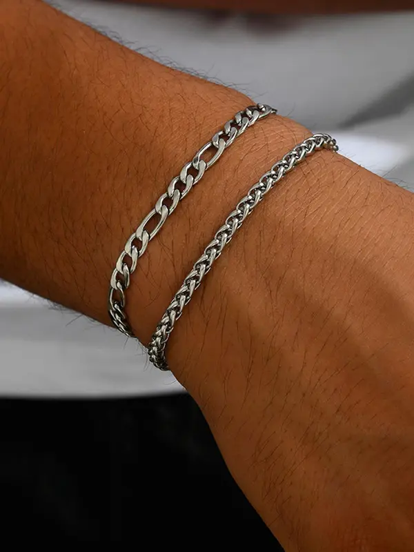 Men's Simple Stainless Steel Link Bracelet (1 Set), Fashionable 2024 Summer Trendy All-match & Exquisite Jewelry for Birthday Gift for Men, Bracelets Stack for Men 2