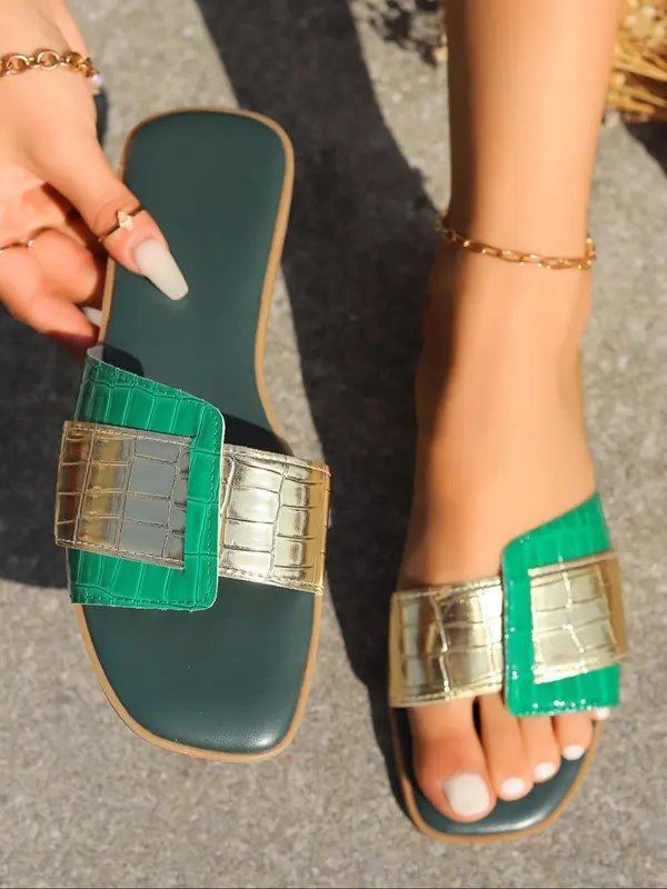 Women's Fashionable Colorblock PU Leather Slides, Casual Comfortable Flat Sandals for Summer, Lightweight Breathable Shoes for Daily Wear, Girl 0