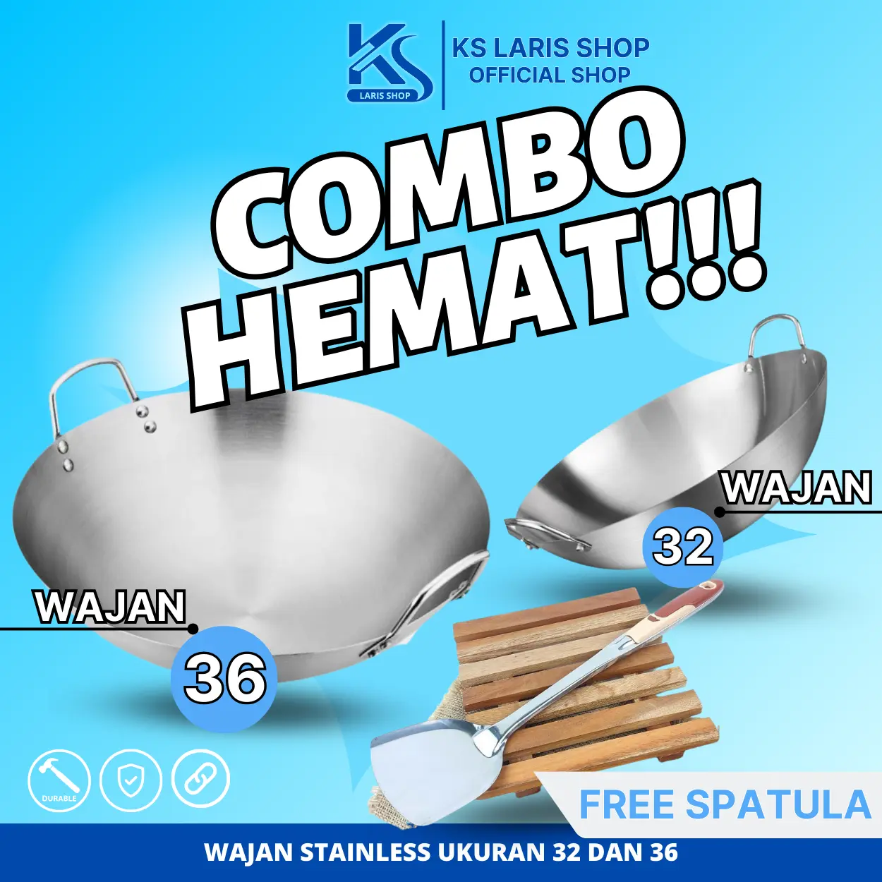 KSL - {BELI LOKAL} PROMO TERMURAH - KUALI PUTIH WAJAN 36CM + 32CM ANTI LENGKET - SUTIL STAINLESS - TUMIS REBUS MEMASAK Nasi Penggorengan