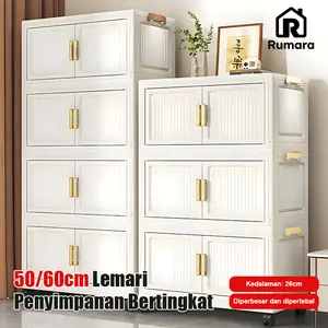 Rumara Putih Lemari Lipat Plastik 2-5 Tingkat Lemari Pakaian Serbaguna Portable Besar 50/60cm Mudah Dipasang Hemat Ruang Dilengkapi Roda Dan Gagang Melengkung