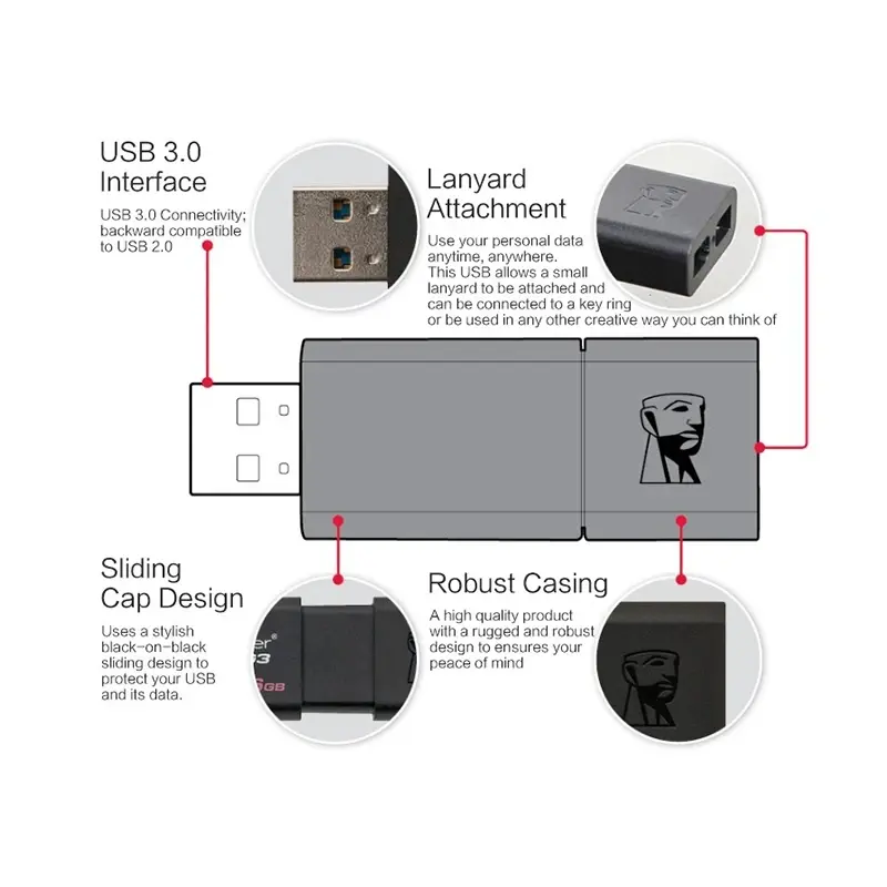 Ổ đĩa USB DataTraveler 100 G3, Kingston, có các dung lượng 8gb, 16gb, 32gb, 64gb, Nhanh, Không thấm nước, Ổ đĩa bộ nhớ, Ổ đĩa nhanh USB 3.0, Có sẵn trong 128gb / 256GB 5