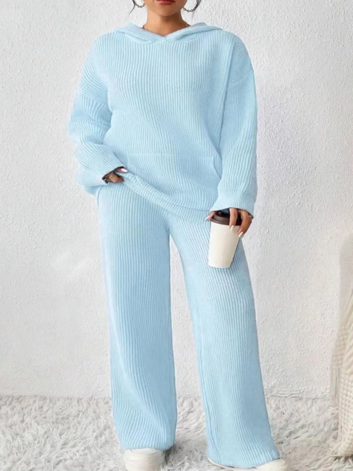 【Plus Size】 Two-Piece Set Solid Drop Shoulder Pocket Hoodie & Pants, Travel, Casual Fashion Cozy Breathable Outfits for Daily Outdoor Wear, Women Clothing for Fall & Winter