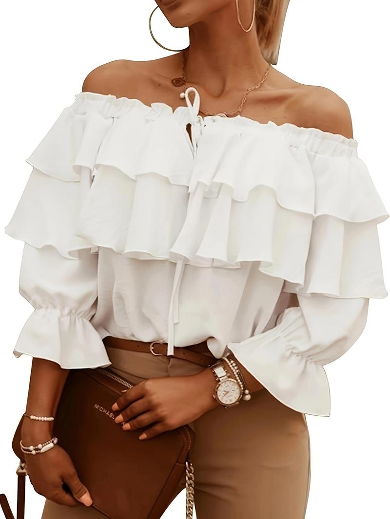 Product Introduction of Women's Plain Frill Trim Tie Front Off Shoulder Blouse, Elegant Ruffle Trim Flounce Sleeve Tiered Layer Top for Spring & Fall, Ladies Clothes for Daily Wear 5