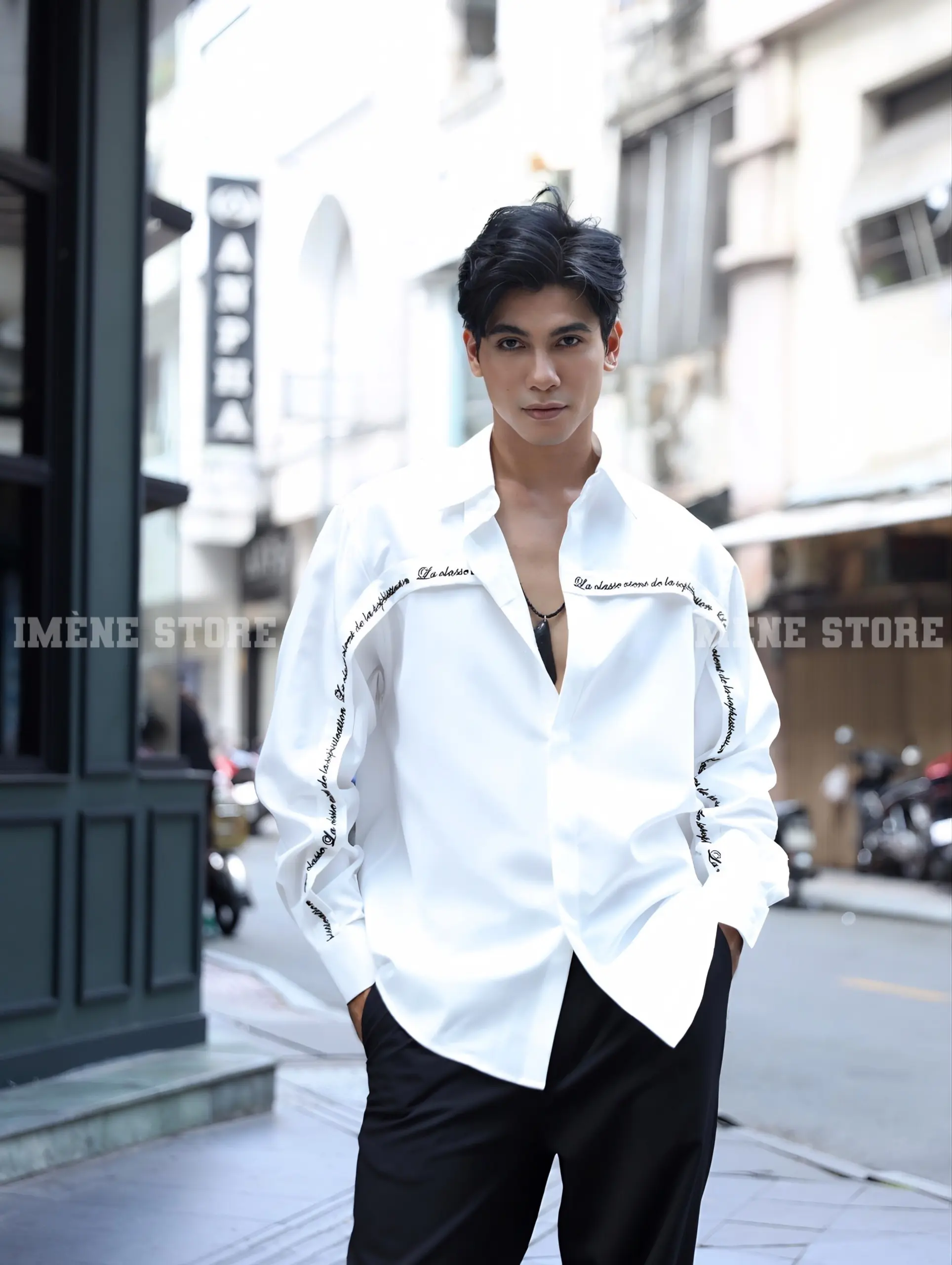 SƠMI TAY DÀI IMENE TRẮNG THÊU ĐEN COTTON LẠNH HẠN CHẾ NHĂN