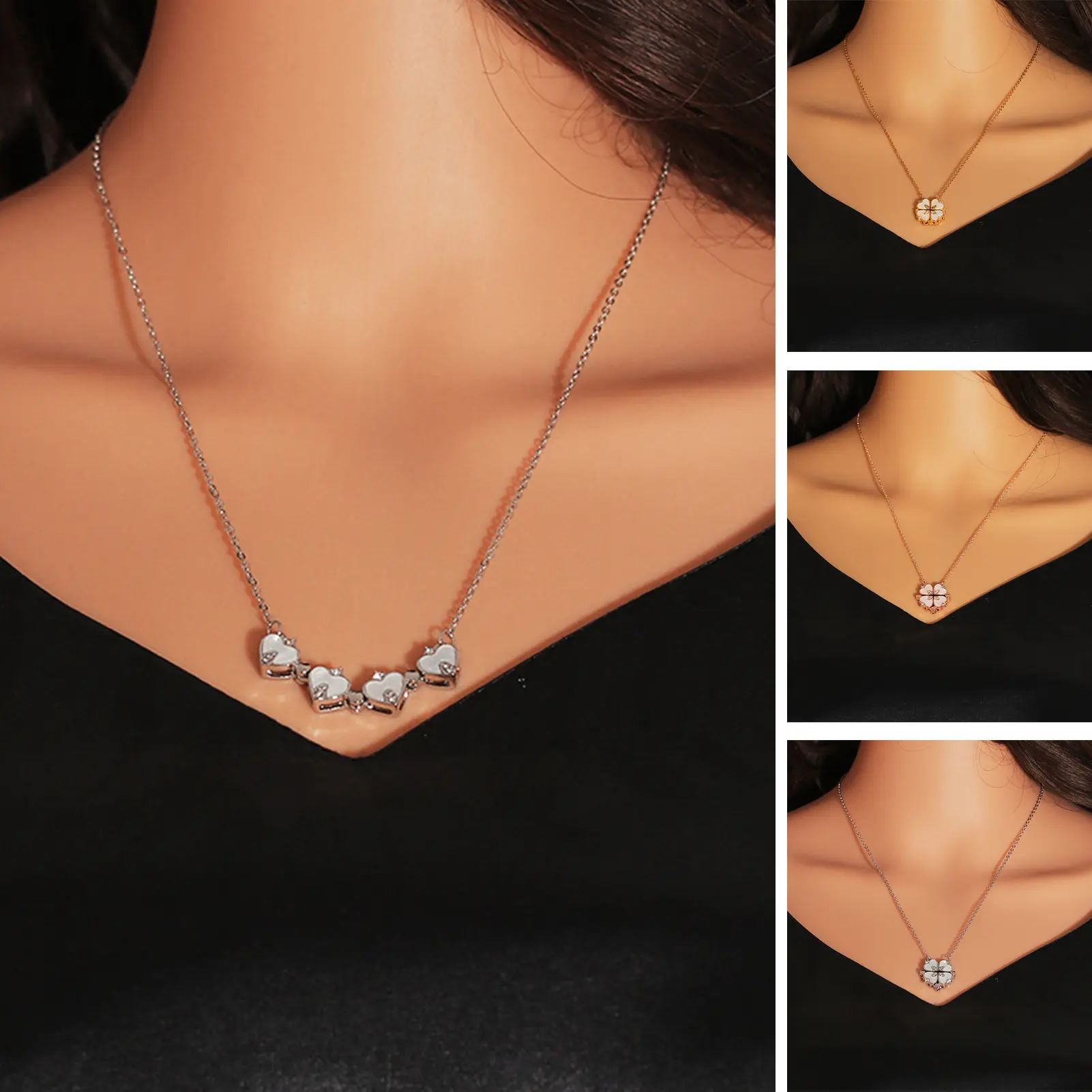 Women Necklace Rhinestone Embedded Magnetic Elegant Love Heart Four-leaf Clover Pendant Clavicle Necklace Fashion Jewelry