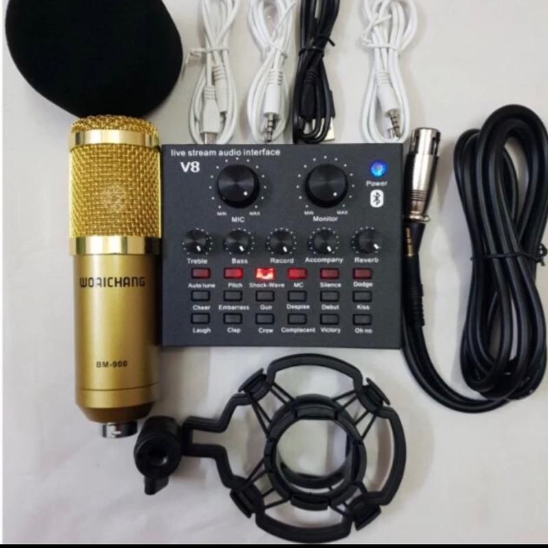 Combo Soundcard V8 AQTA Chính Hãng Bluetooth + Mic Karaoke Livetream BM 900, Có AutoTune Chuẩn Phòng Thu Âm thanh trực tiếp tặng kèm gác điện thoại