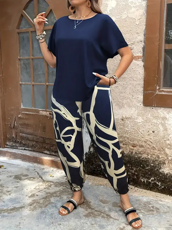 【Plus Size】 Two Counts Batwing Sleeve Blouse & Colorblock Pants Set, Casual Round Neck Top & Trousers 2 Piece Set for Summer, 2 Piece Sets Women, Co Ords for Women for Daily Wear 3