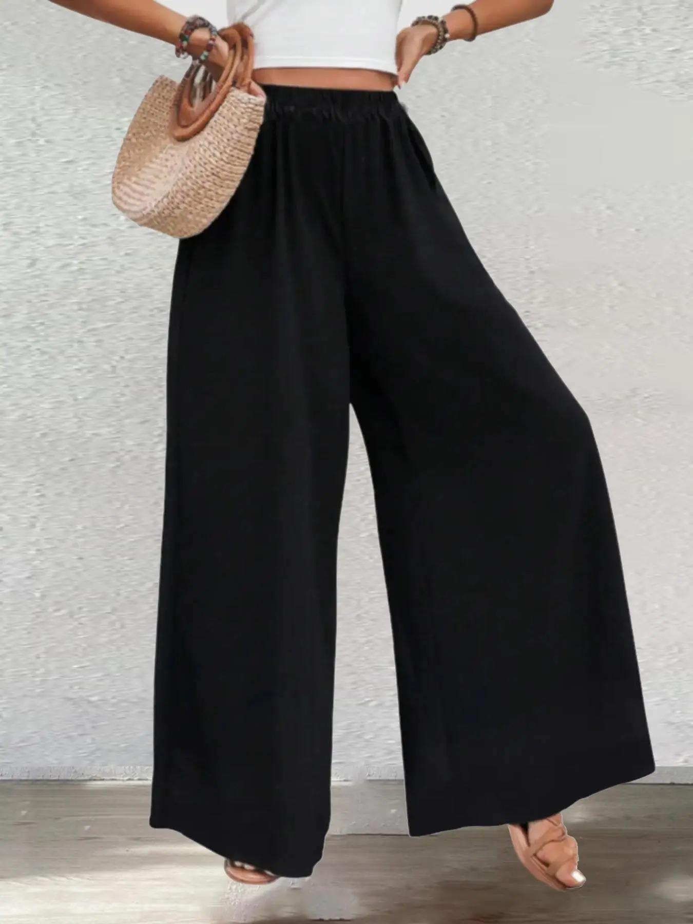 Women's Minimalist Basic Elastic Waist Wide Leg Pants, Lady Casual Chic Comfort Solid High Waist Trousers for Spring & Fall, Womenswear, Women's Bottoms for Indoor Outdoor Wear
