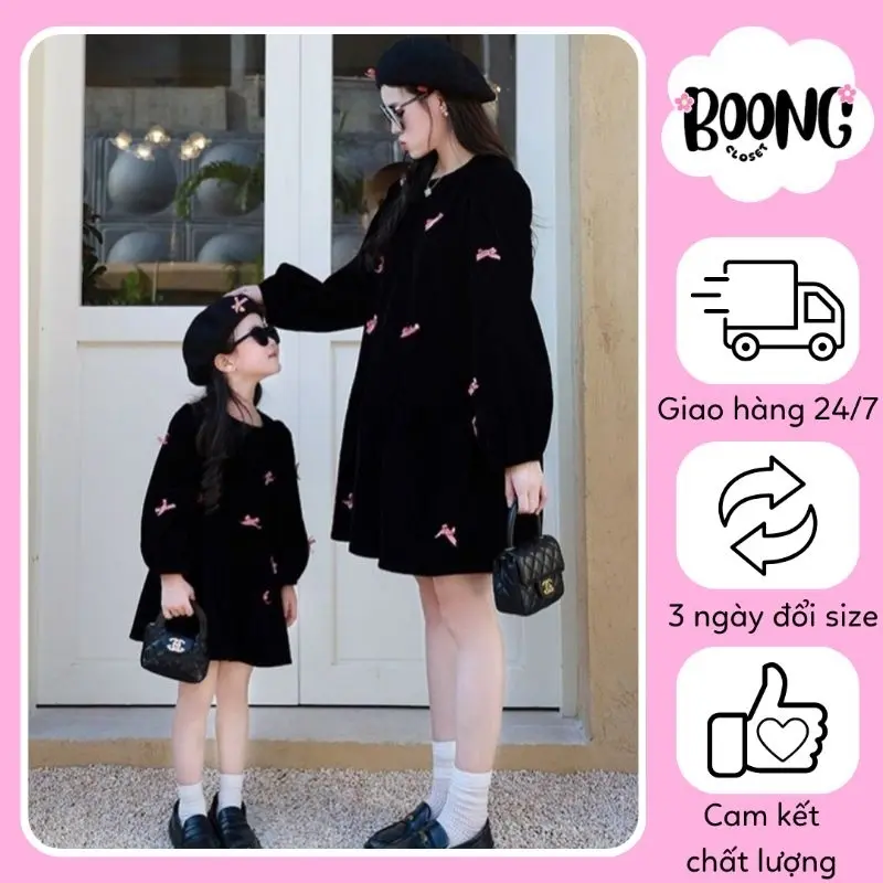 Váy đôi mẹ và bé, baby doll đính nơ vải nhung budanh cho mẹ và bé(LÔ VÁY MỚI VẢI DƯ ELIS SIÊU ĐẸP)