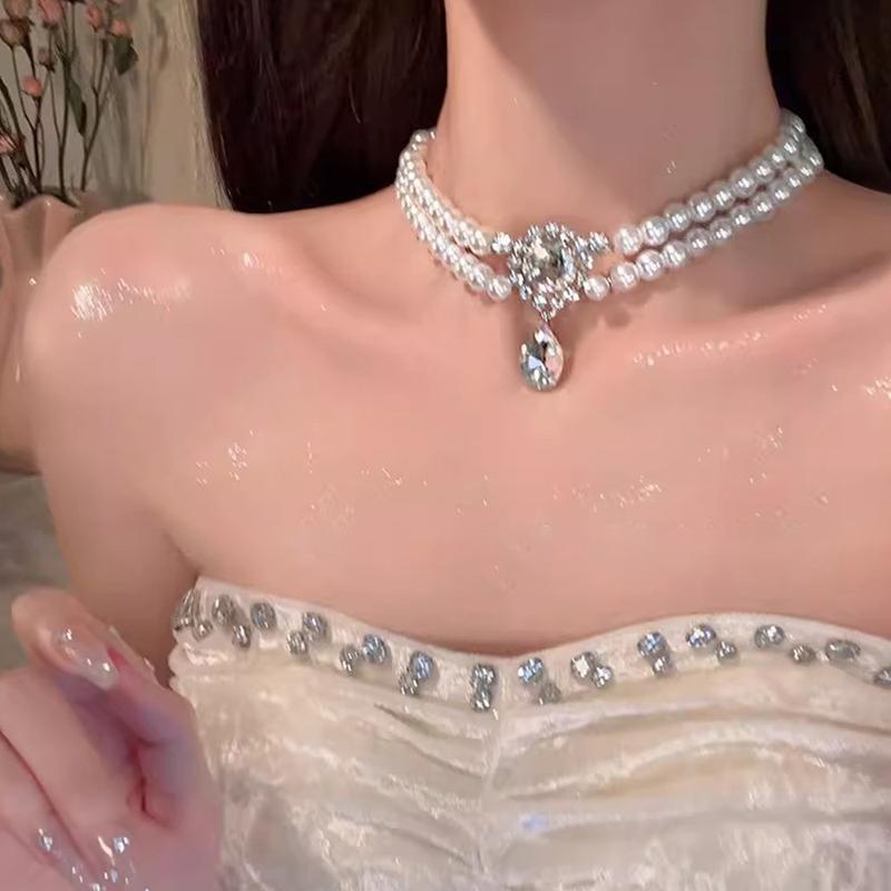 Vòng Cổ Ngọc Trai Viền Kim Cương Đầy Đủ, Dành Cho Nữ, Vòng Cổ Choker Sang Trọng Lấp Lánh, Dây Chuyền Xương Đòn Xếp Chồng Thanh Lịch, Đồ Trang Sức Bản To Dễ Phối Đồ Thích Hợp Cho Buổi Tối Quyến Rũ 2